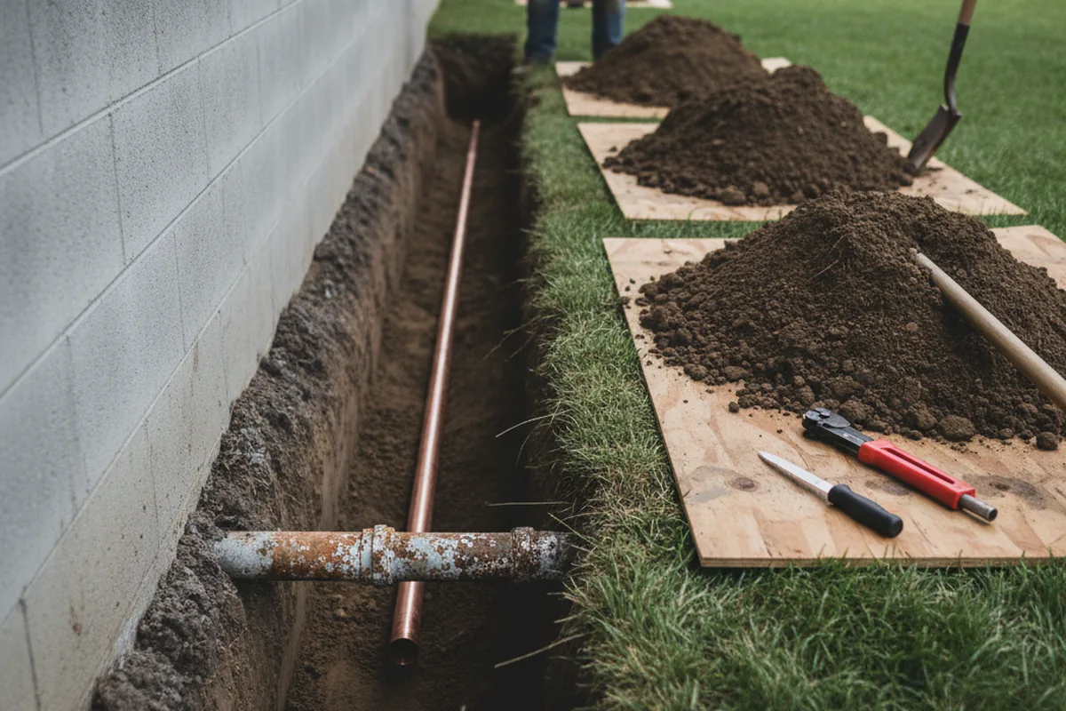 Excavated water line trench during Sewer Line Repair in Meridian